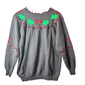 Vintage Christmas Sweater Hanes Her Way Womens XL Gray Plaid Cottagecore Hearts